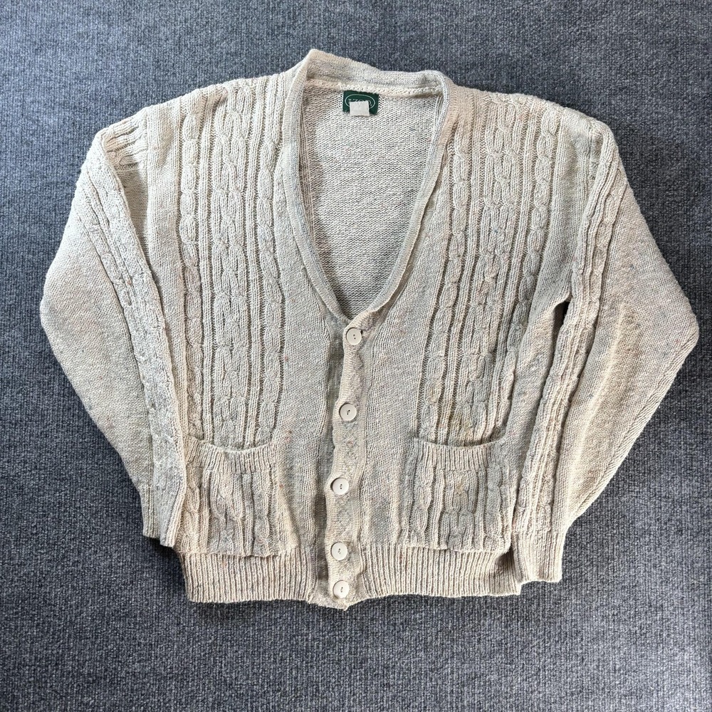 Vintage IZOD Sweater Mens Medium Beige Cable‎ Knit Cardigan Pockets Made USA